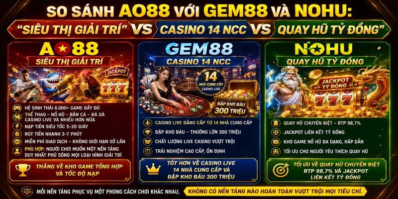 So Sánh AO88 Với GEM88 Và NOHU: "Siêu Thị Giải Trí" vs Casino 14 NCC vs Quay Hũ Tỷ Đồng